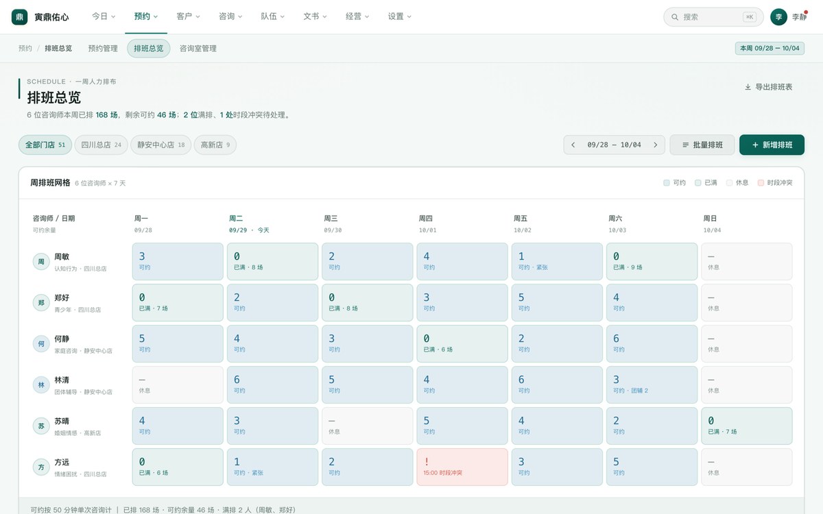 心理咨询师排班系统周视图，冲突时段自动标红